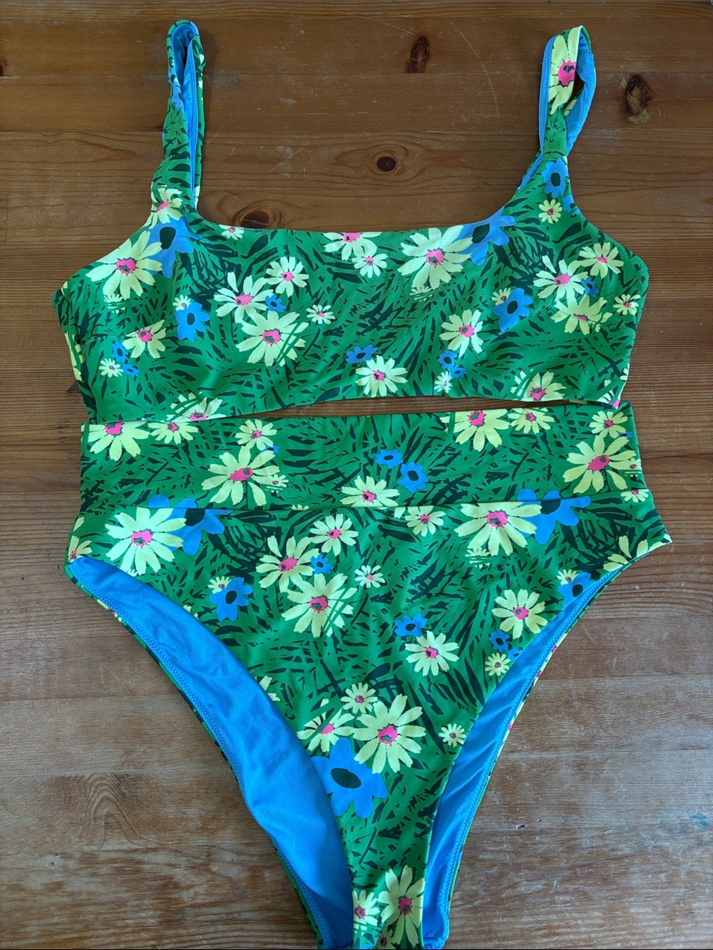 Aerie Two Piece Swimsuit Bikini Scoop Top + High Waist Cheeky Bottom Floral XL
